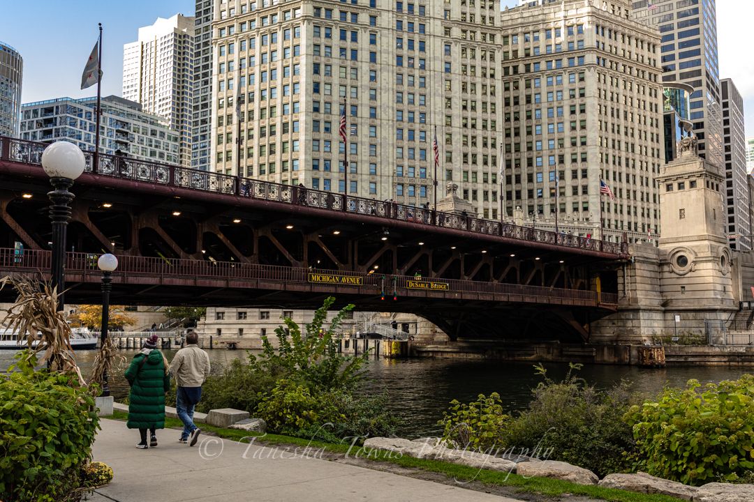 Scenic Chicago Riverwalk with historic bridges, skyscrapers, and green landscaping along the waterfront on a sunny day.