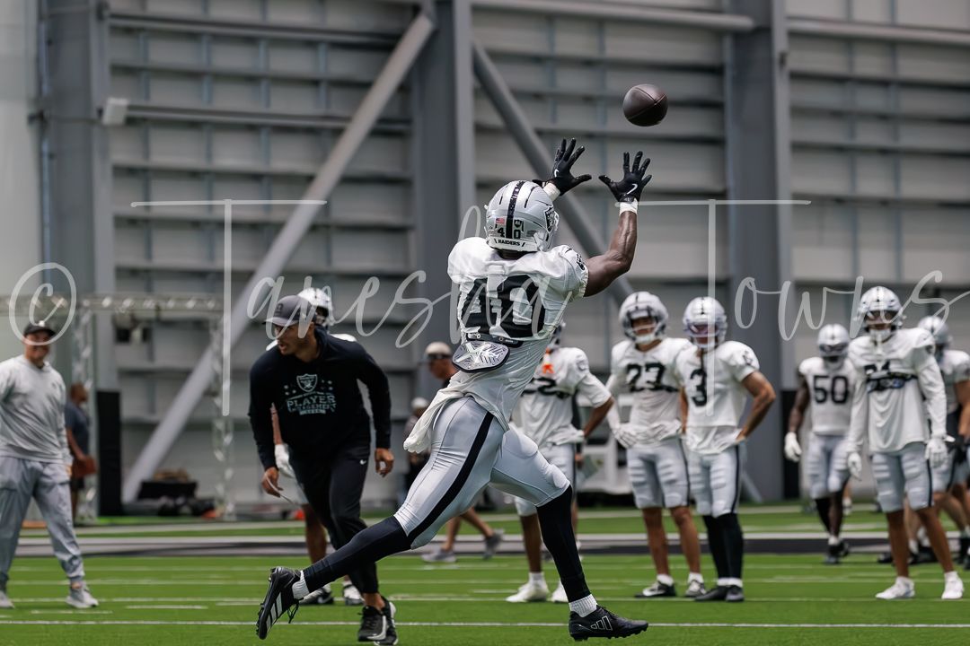 Raiders player #40 leaps to catch a football during an indoor NFL training camp practice session.