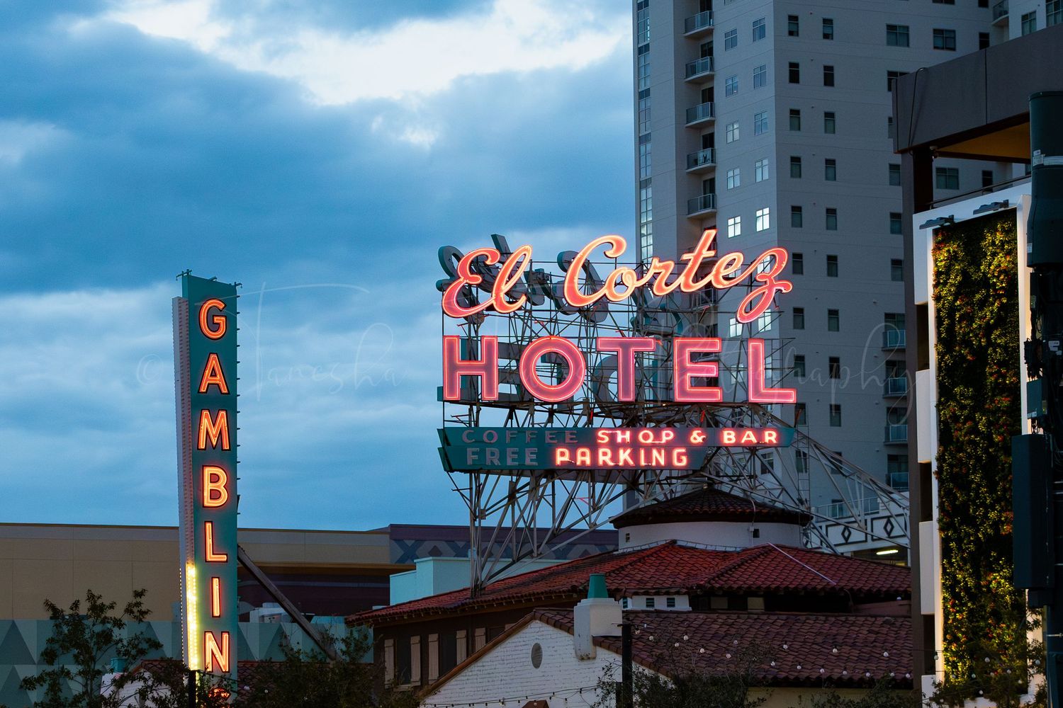 Urban skyline with vintage neon hotel signs against a cloudy blue sky.