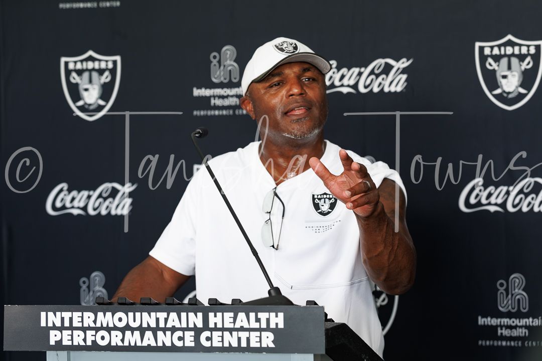 Las Vegas Raiders coach speaks at Intermountain Health Performance Center press conference.