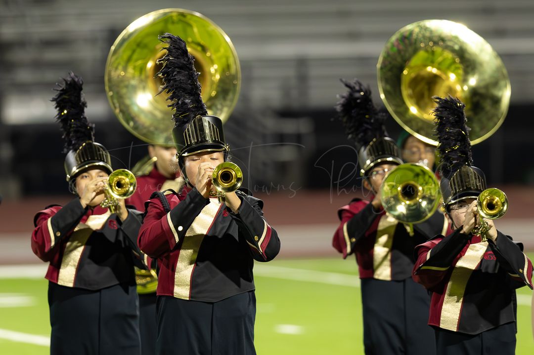 Brass section of marching band performs in formation on illuminated field.