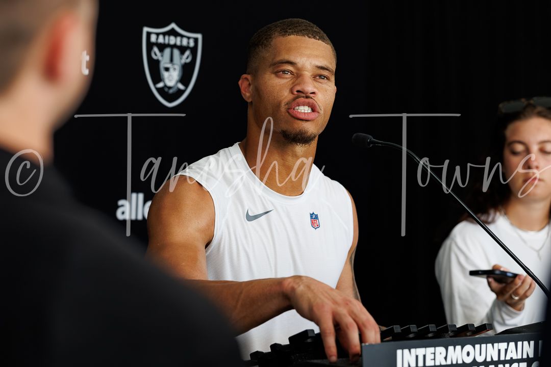 Las Vegas Raiders player speaks at an Intermountain Health press conference event.