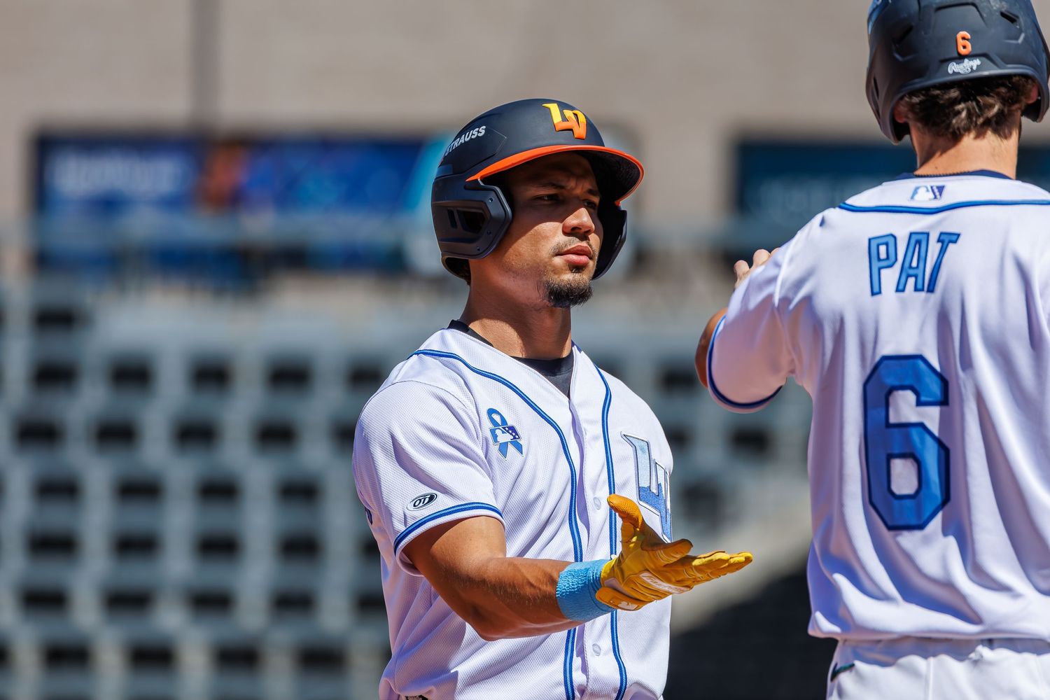 Two college baseball players in blue and white uniforms celebrate on the field during a sunny game day.