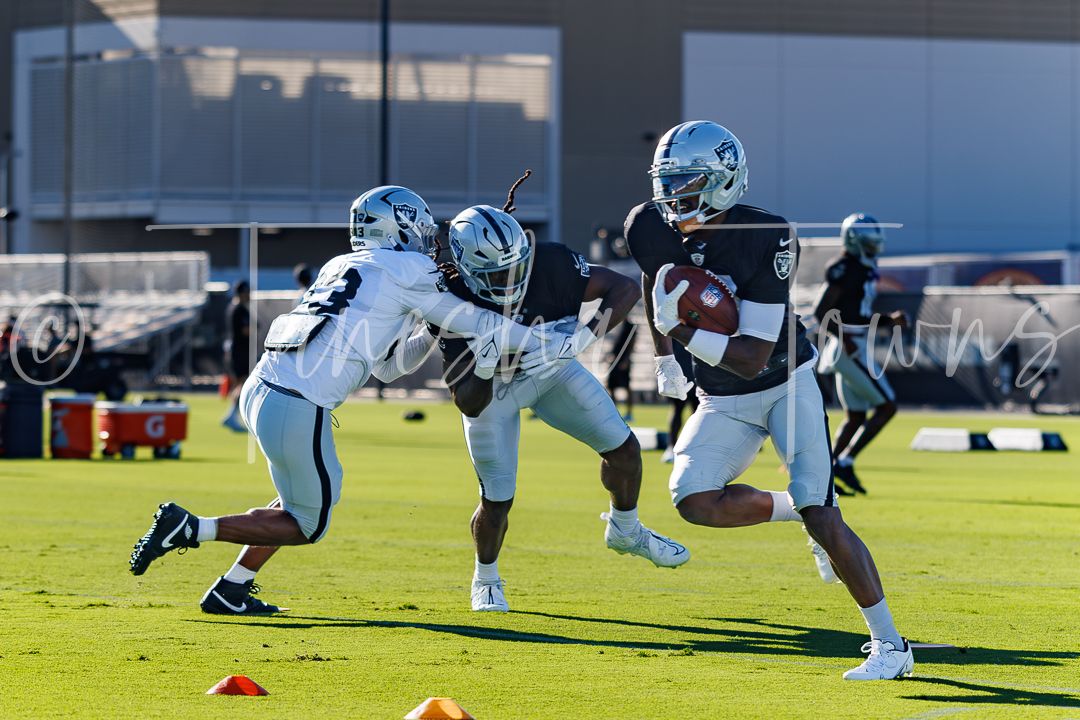 NFL players in silver and black uniforms practice football drills on a sunny outdoor field during training camp.