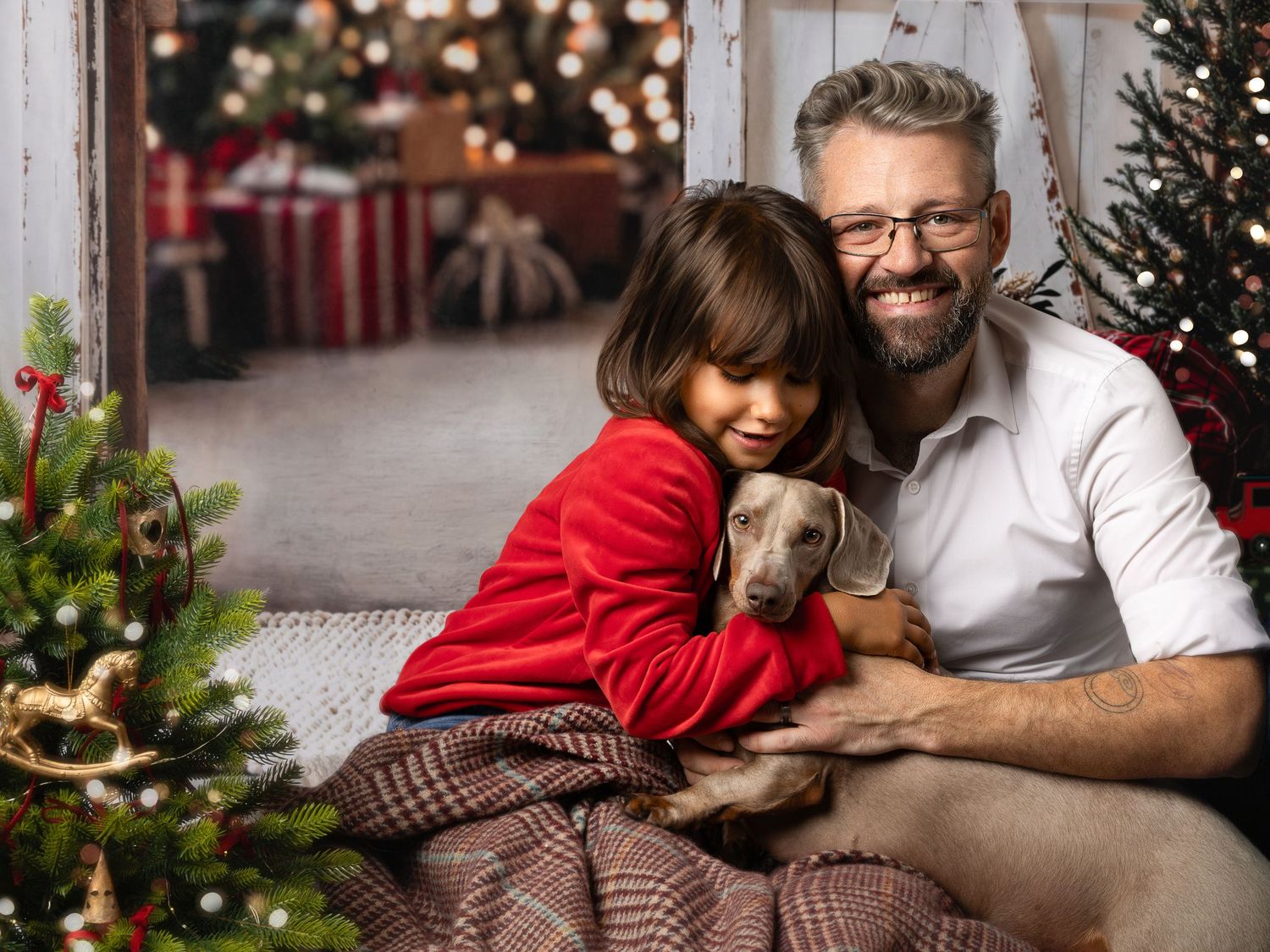 A man and child cuddle a Weimaraner dog beside a decorated Christmas tree with gifts in the background.