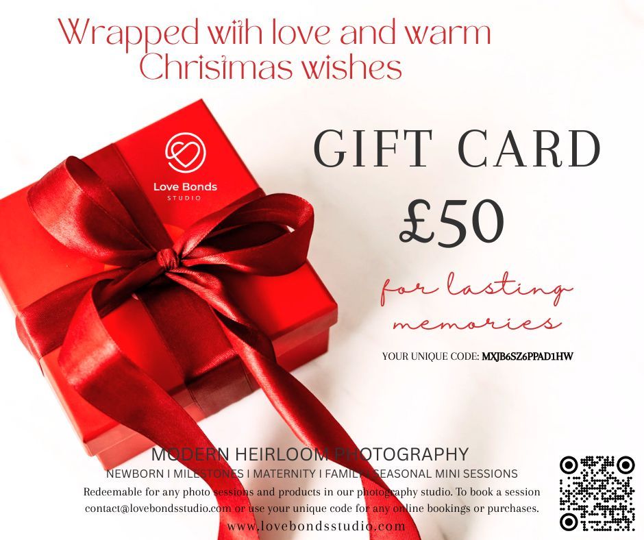 A red gift card with a decorative bow and Christmas wishes text against a white background.