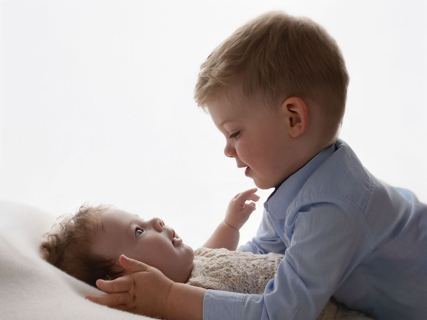 A toddler boy in a blue shirt gently touches a newborn baby lying on a white surface.
