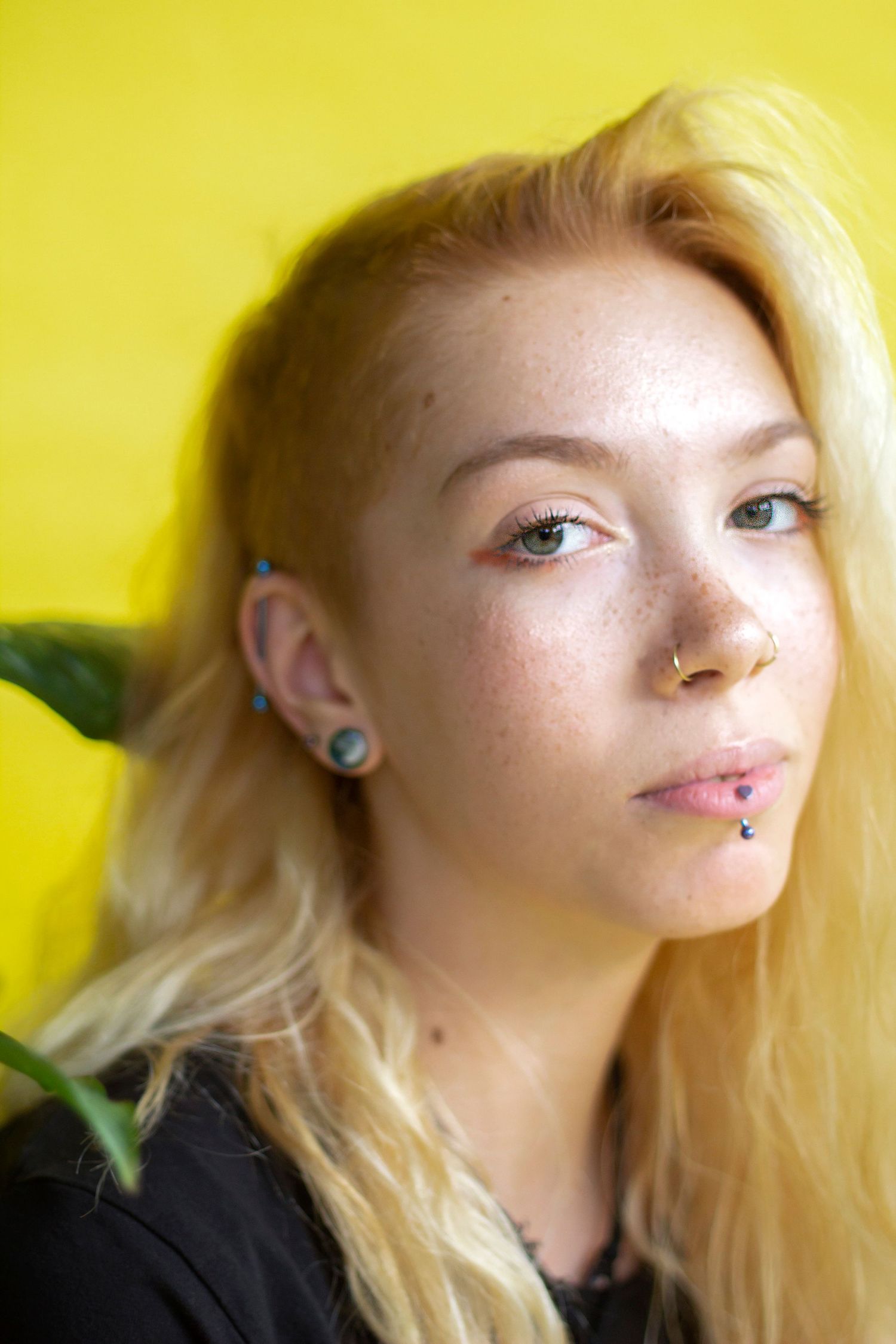 Young blonde woman with freckles, nose and lip piercings, and ear gauges posing against a yellow background.