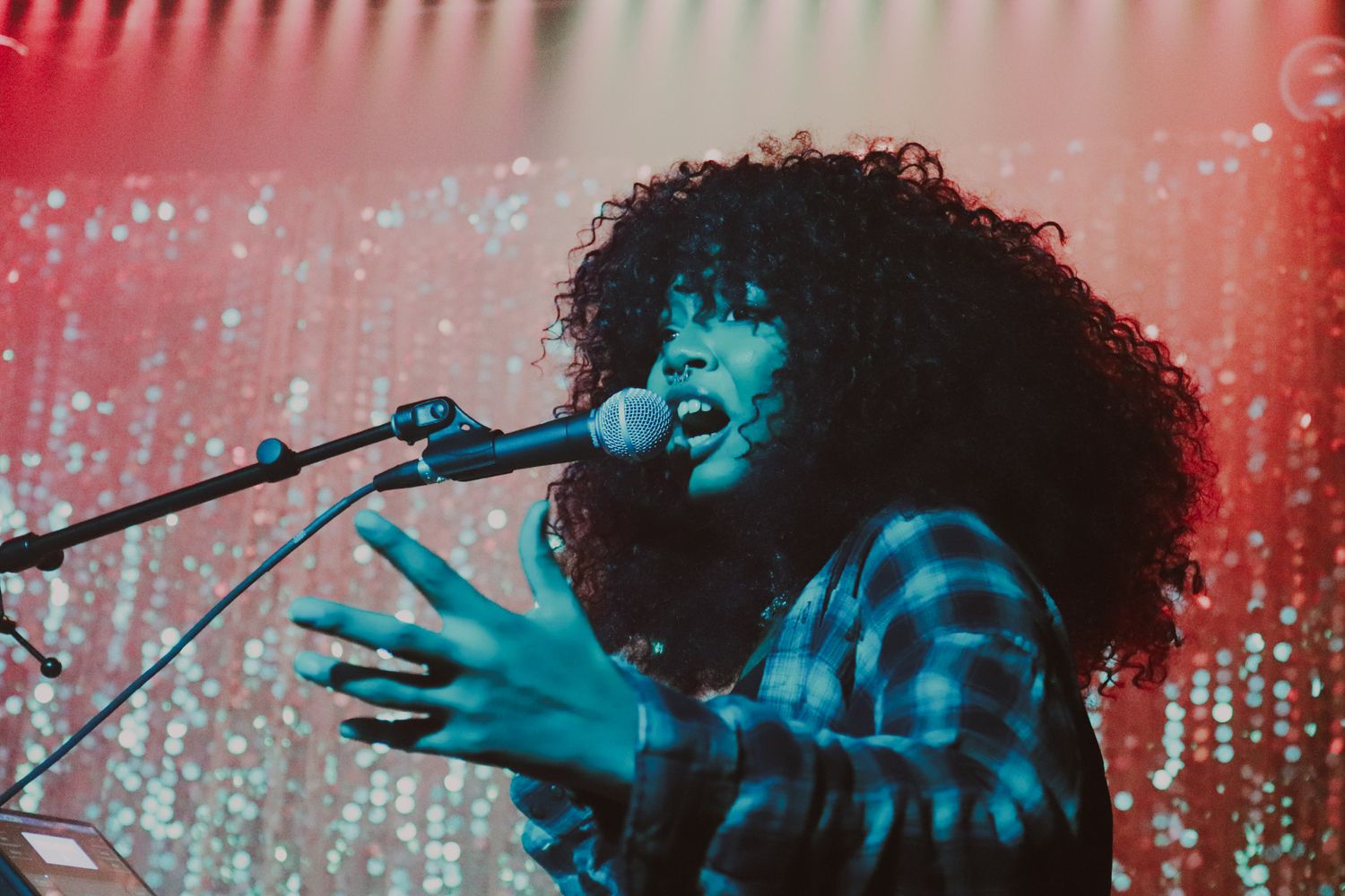 Female vocalist with curly hair singing passionately into microphone under red and blue stage lights.