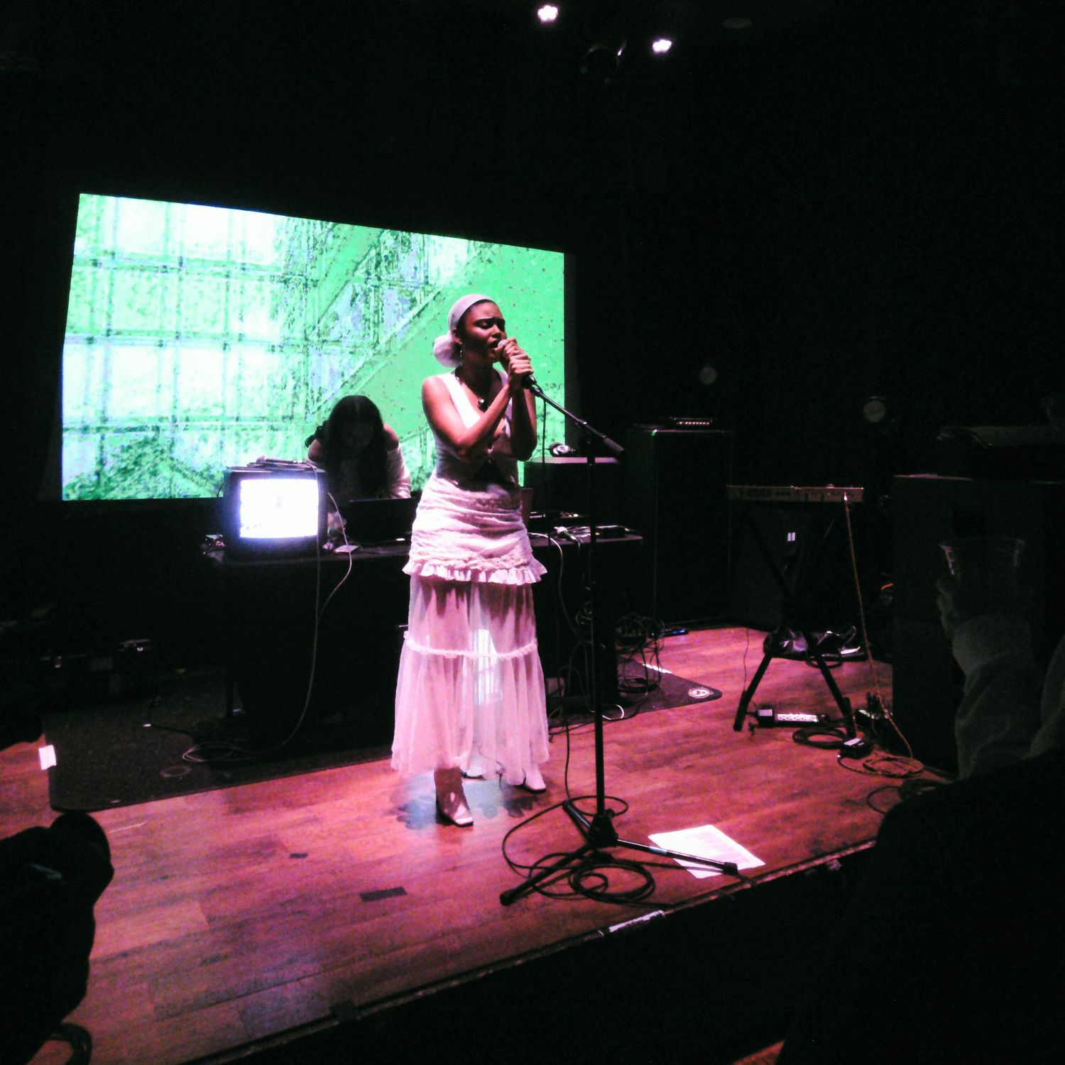 Singer performing on stage in pink dress with green projection screen backdrop in dark venue.