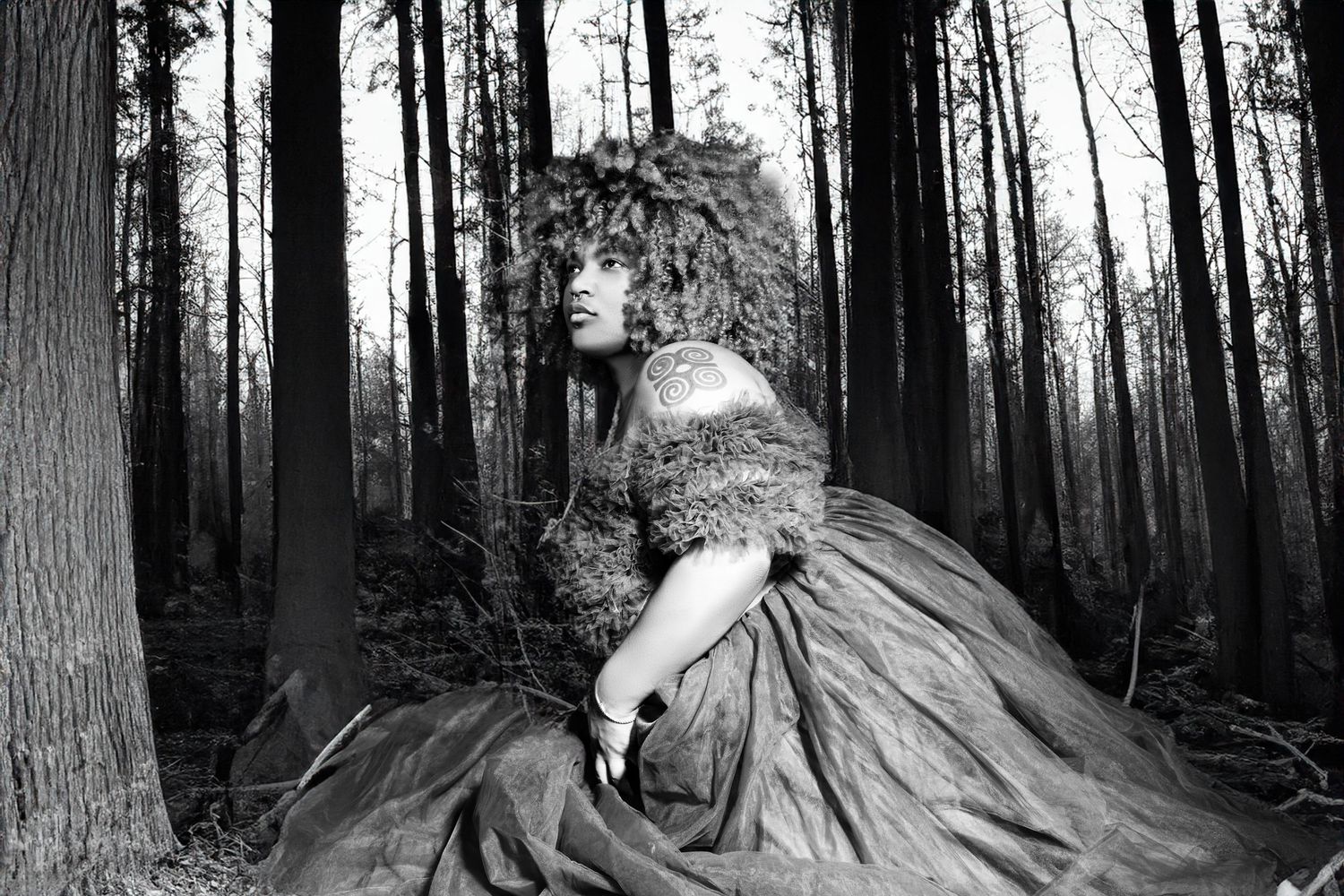 Black and white fashion portrait of woman in dramatic gown and afro hair in forest setting.