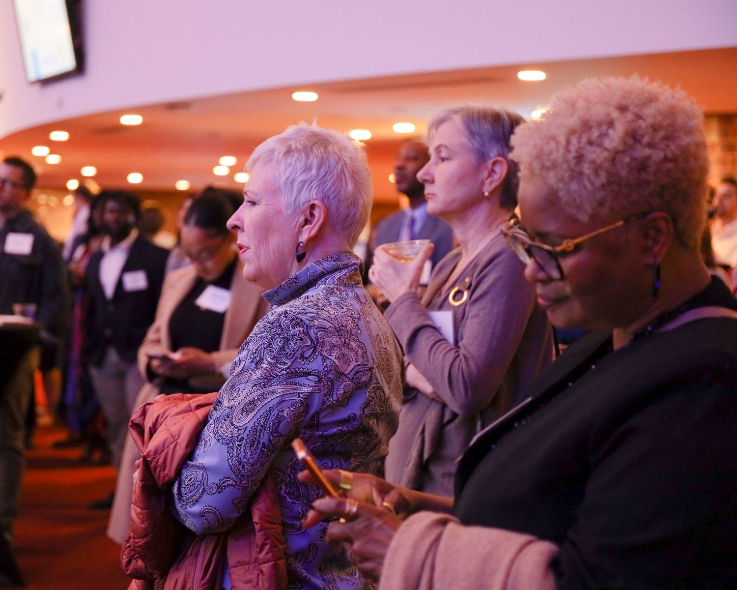 Diverse group of attendees standing and watching a presentation at a formal event.