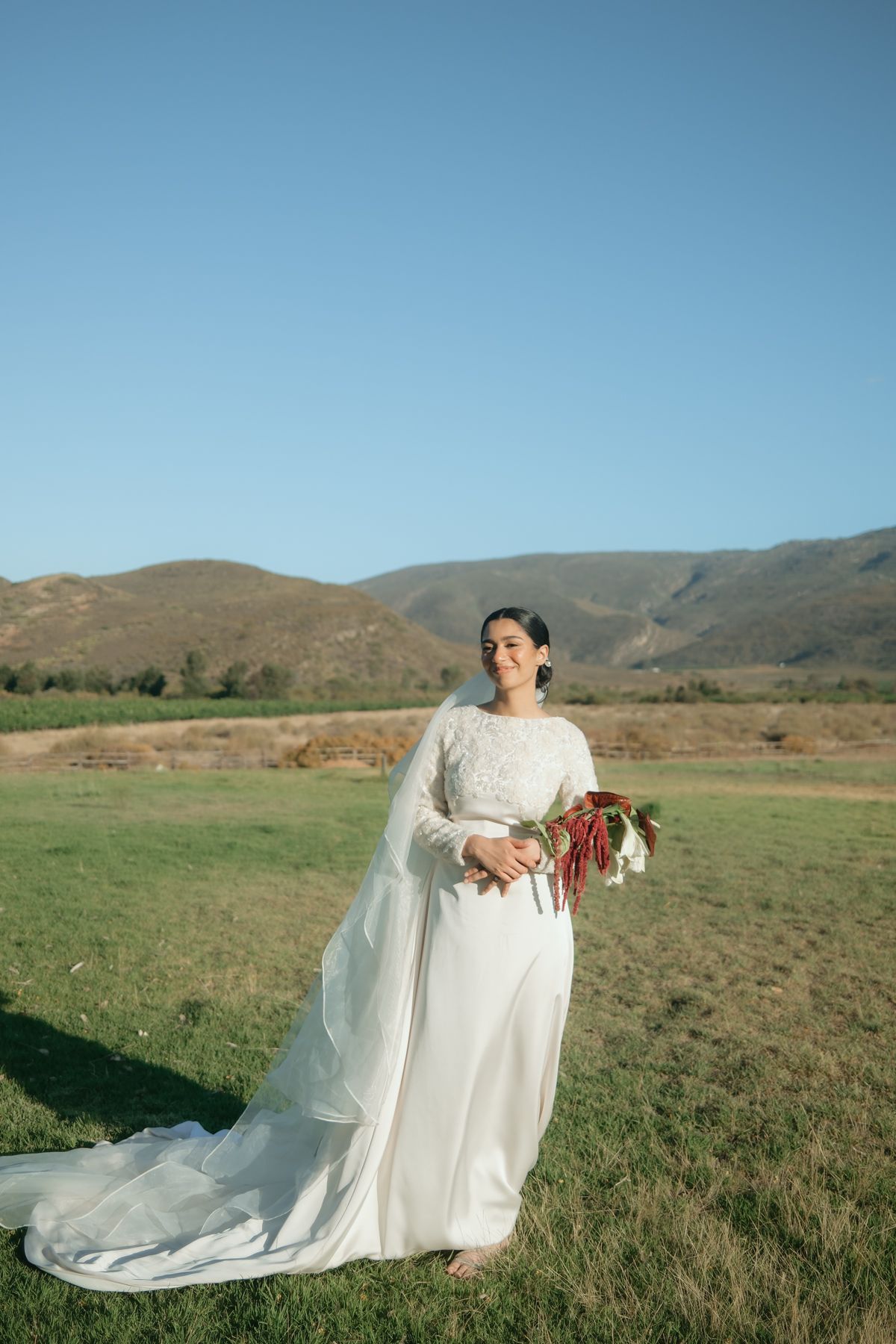 Elegant bride in long white gown with cathedral veil holding red bouquet in scenic mountain field.