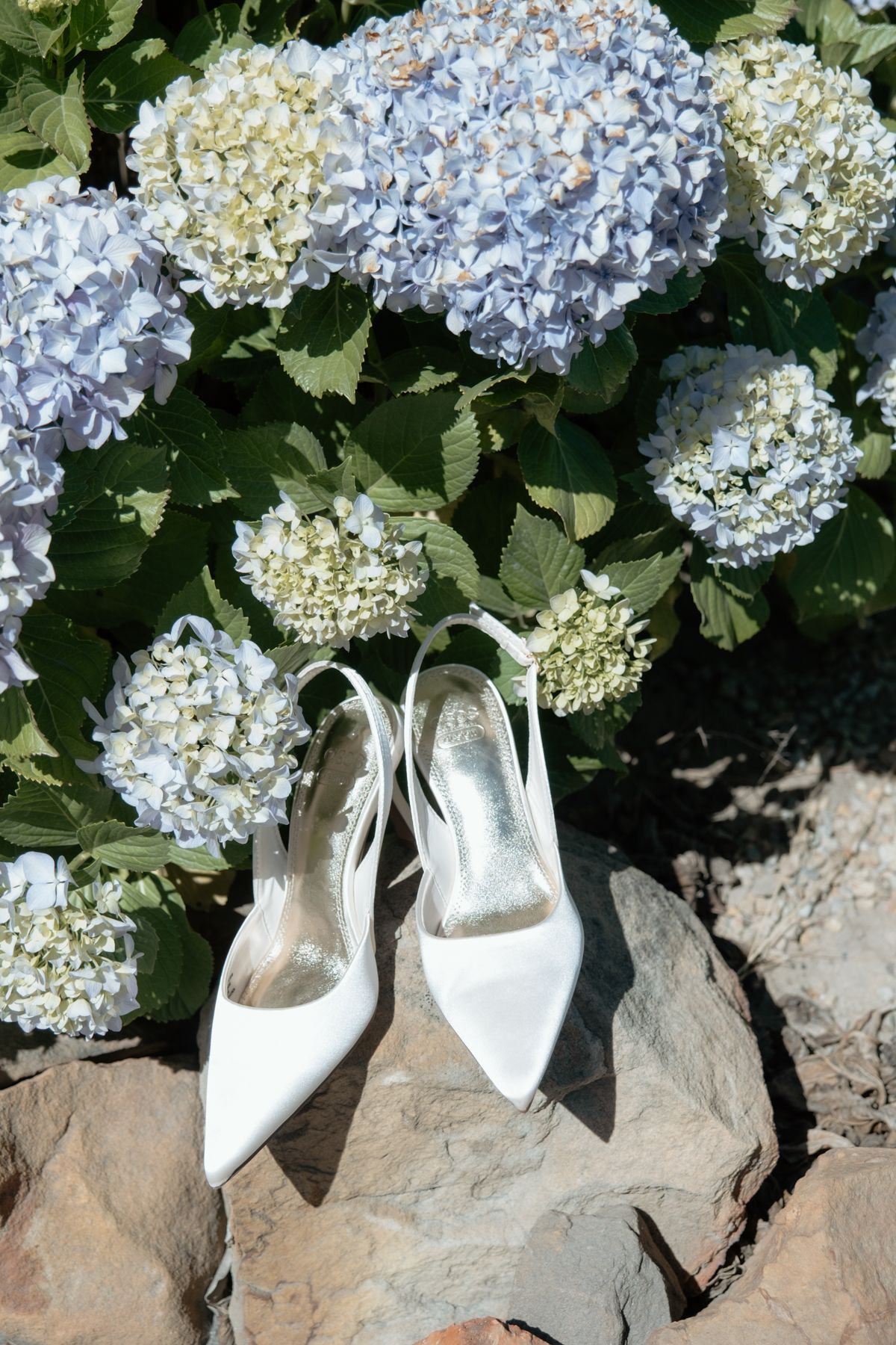 White bridal heels resting on rocks in front of blooming blue and white hydrangea bushes outdoors.