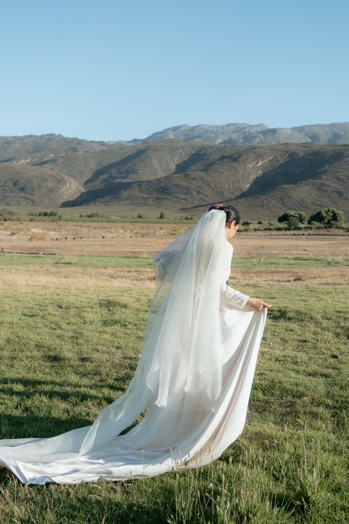 Bride in white gown and long veil standing in green meadow with mountain landscape backdrop.
