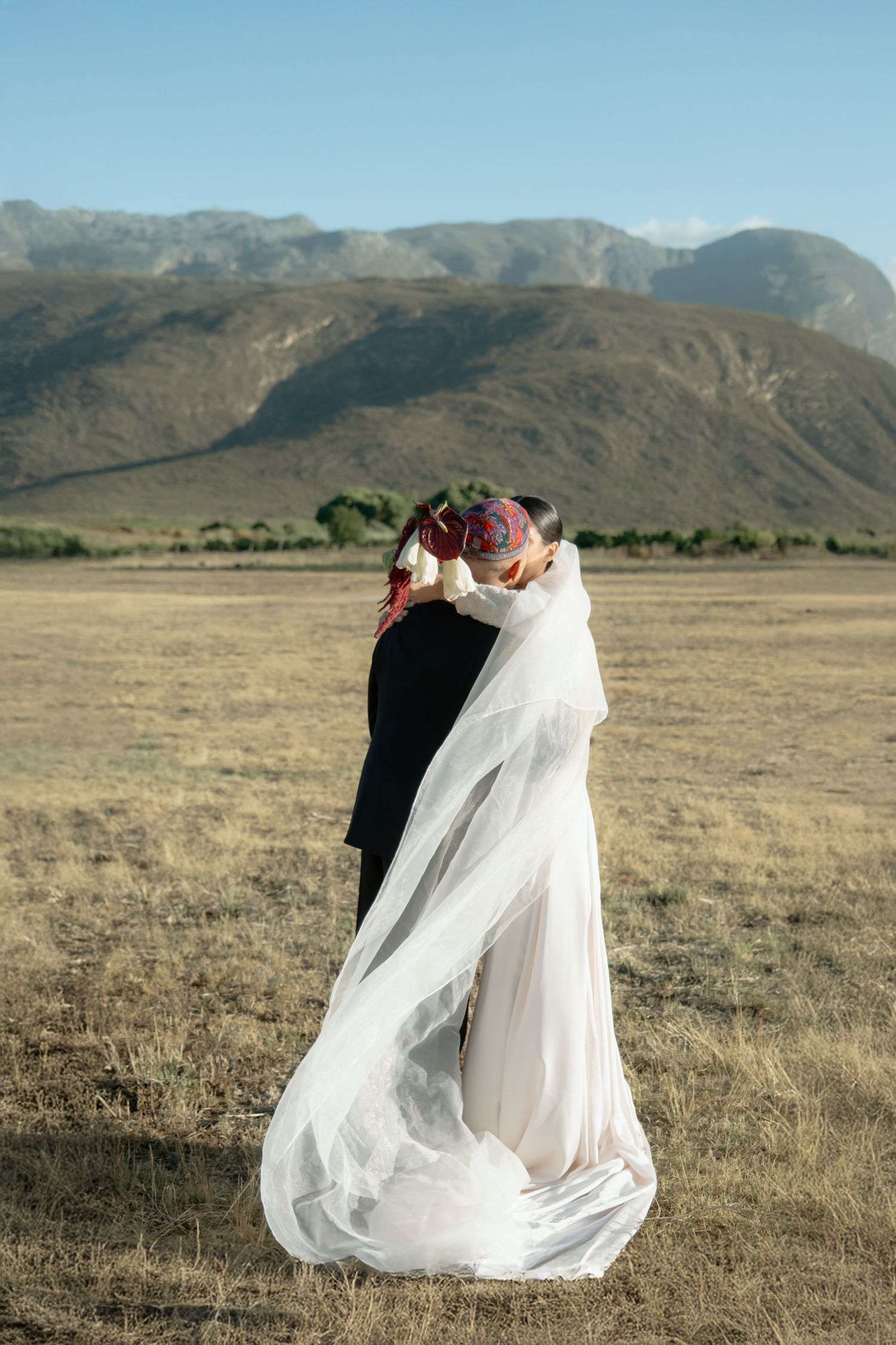 Bride and groom embracing in open field with flowing veil and mountain landscape behind them.