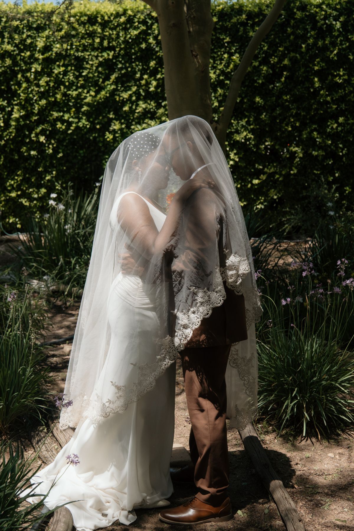Bride and groom share a romantic kiss under a flowing lace wedding veil in a lush garden setting.