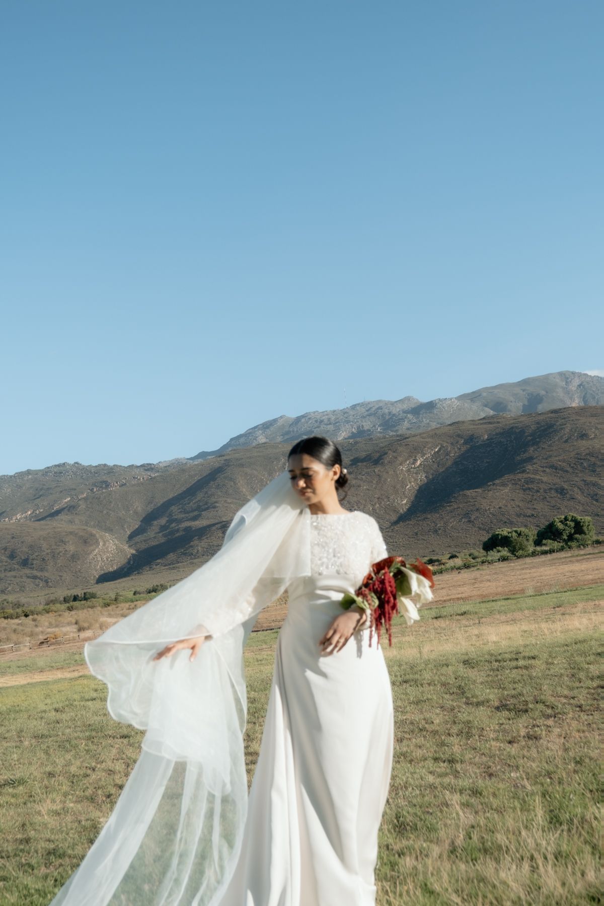 Elegant bride in long-sleeve white gown holds red bouquet with veil flowing against mountain backdrop.