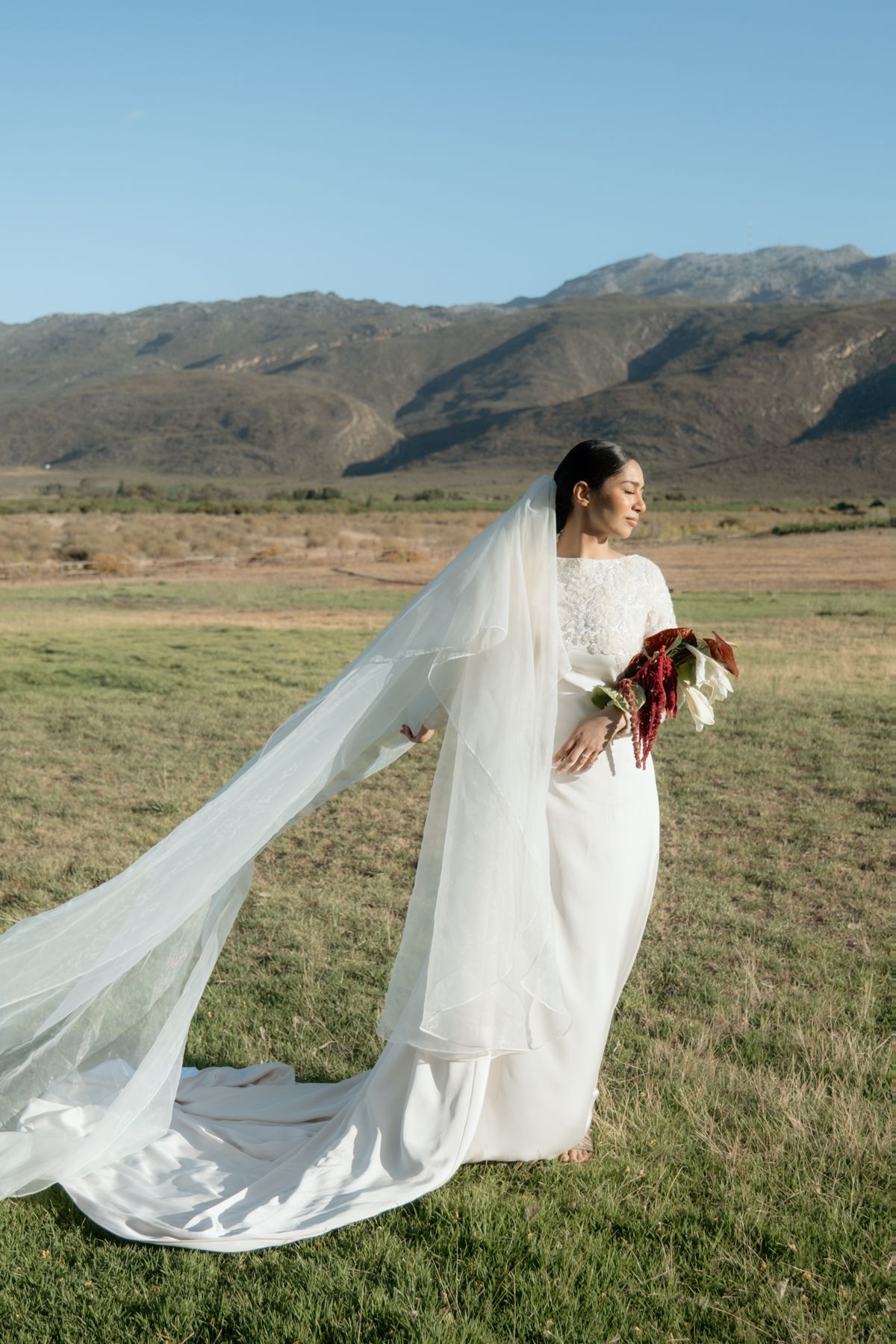 Bride in white wedding dress with flowing cathedral veil standing in open field with mountain backdrop.