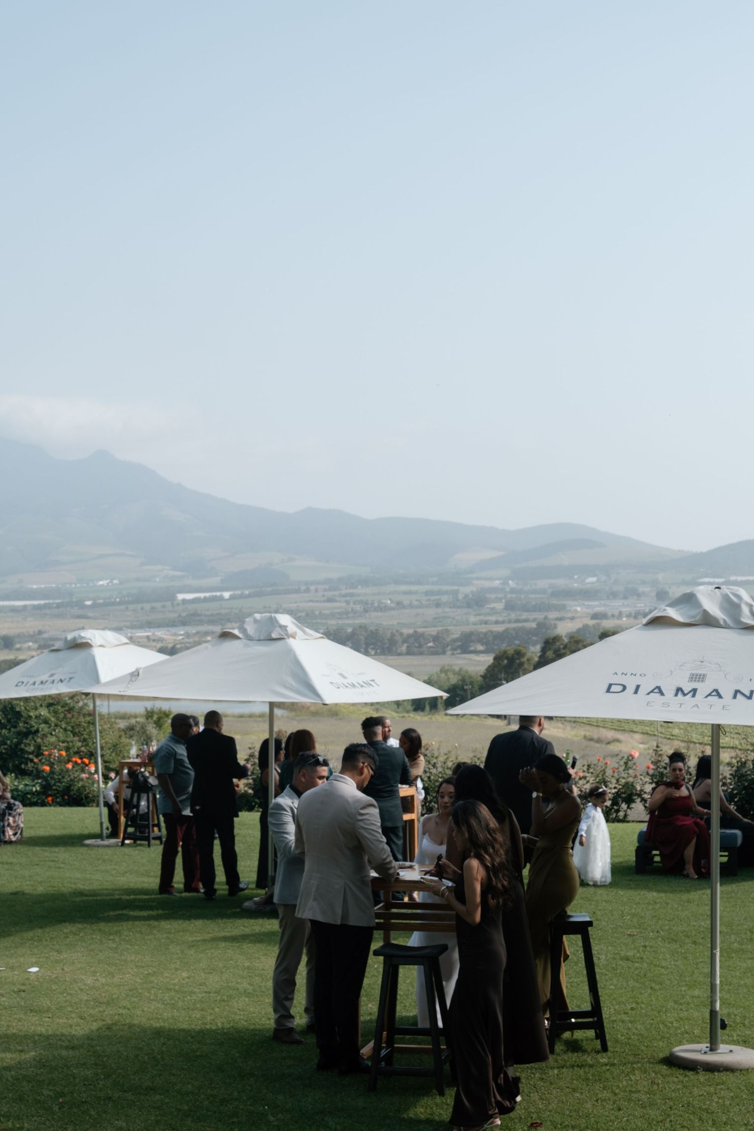 Outdoor wedding cocktail hour with guests mingling under white Diamante umbrellas with mountain views.