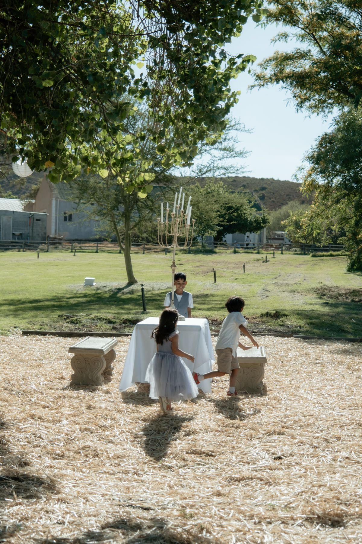Children and a woman gather around a white-draped table in a sunny outdoor farm wedding setting.