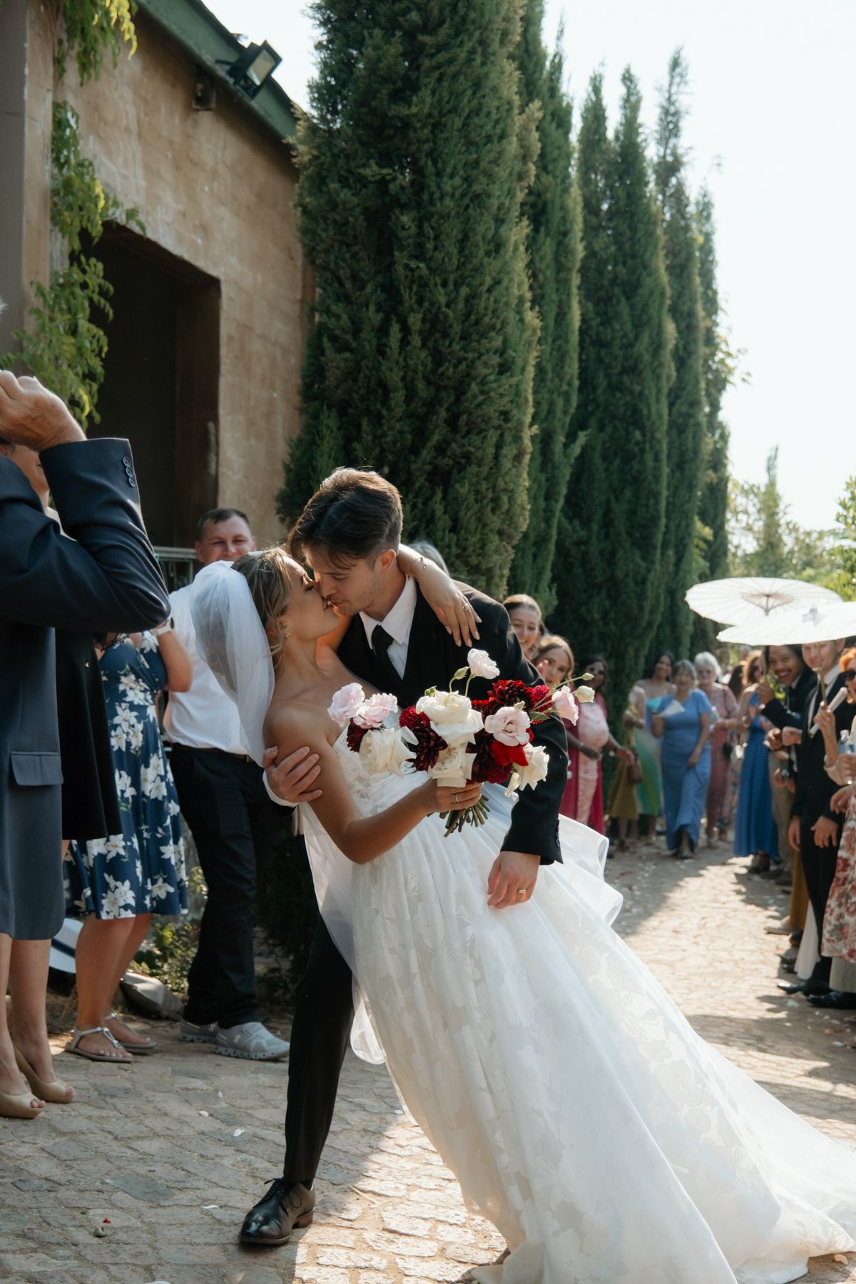 A romantic wedding couple shares a kiss during their outdoor ceremony surrounded by tall cypress trees and guests.