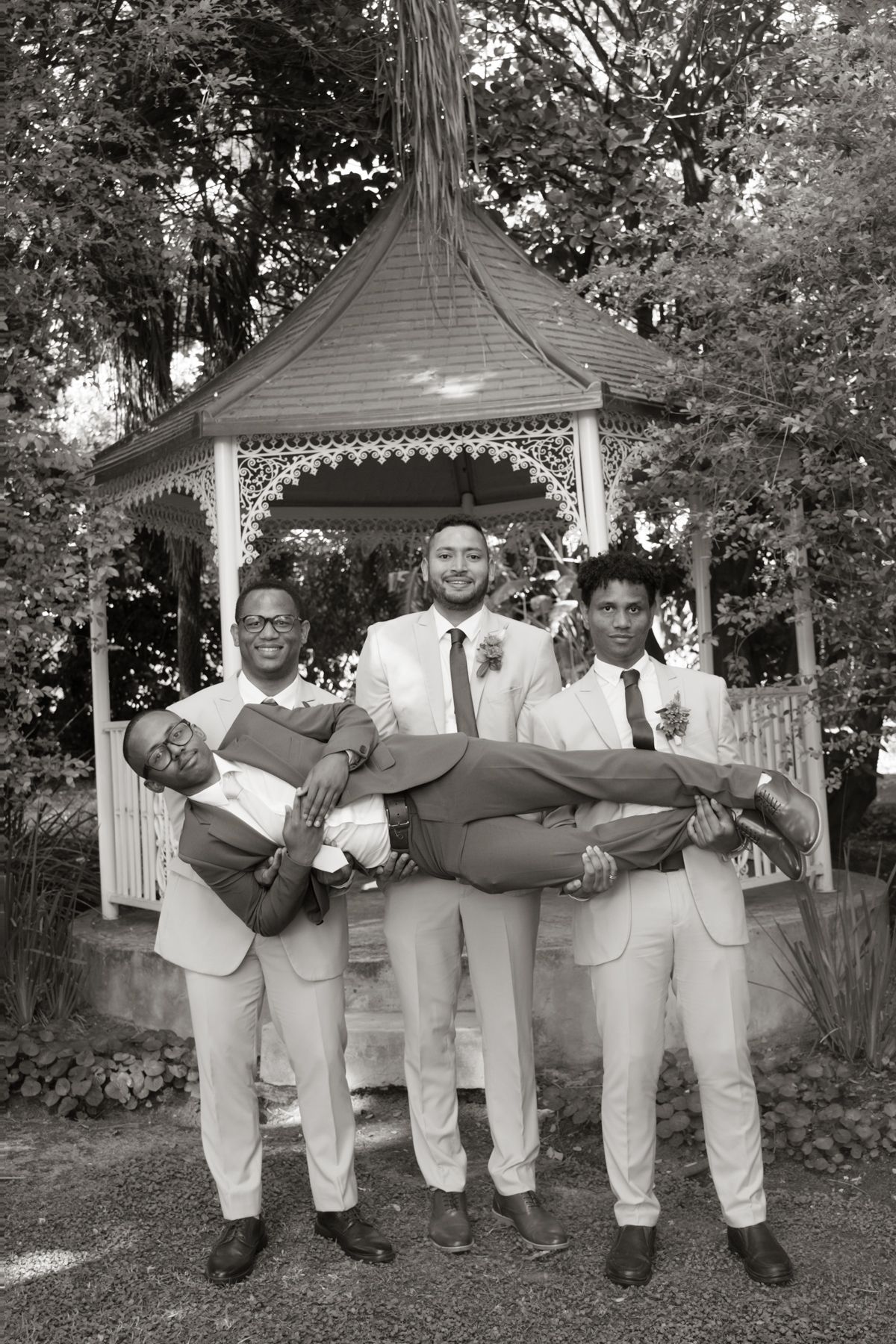 Black and white photo of groomsmen lifting a man horizontally in front of a garden gazebo.