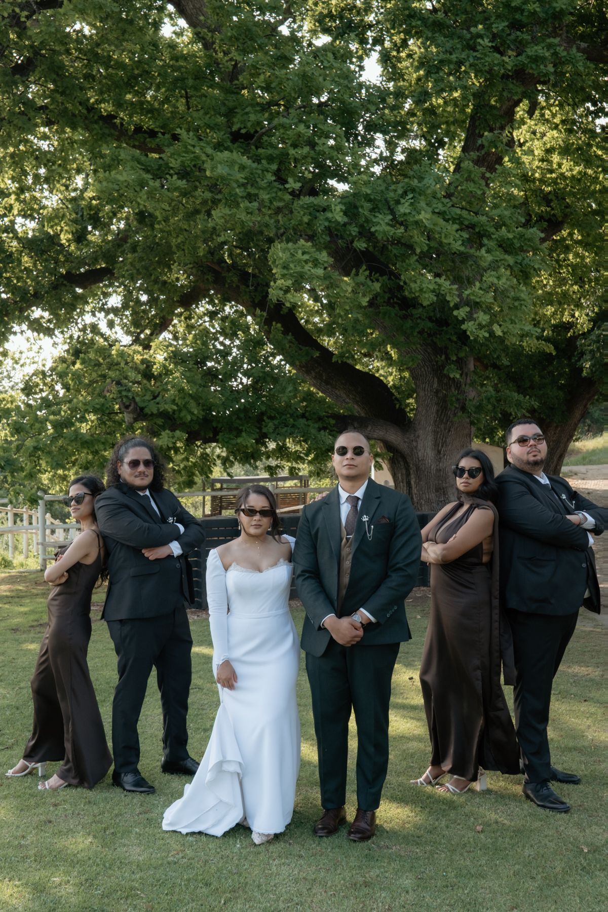 Wedding party posing coolly with sunglasses outdoors under a large tree, bridesmaids in brown gowns and groomsmen in black suits.