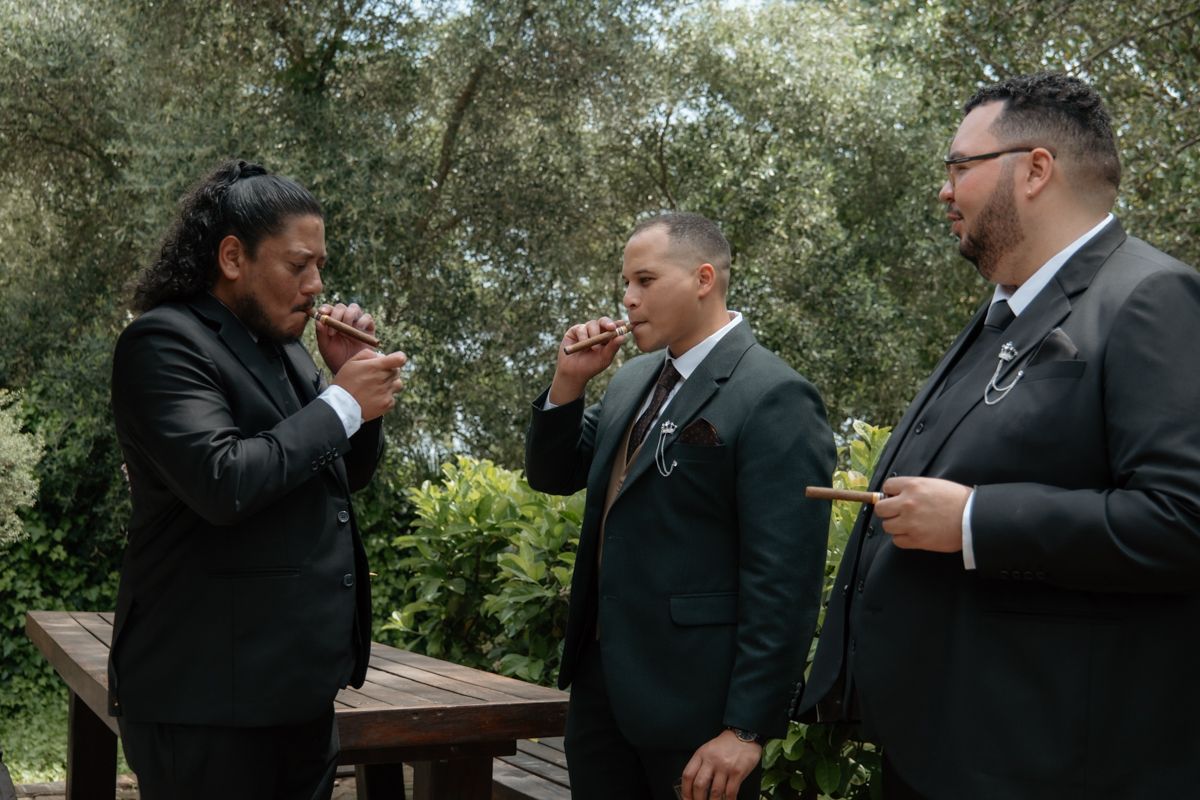 Three men in dark suits toasting with wine glasses outdoors among olive trees at a wedding.