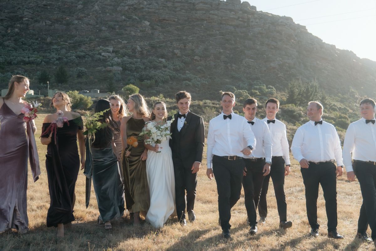 Wedding party walking outdoors with mountain backdrop, bridesmaids in colorful gowns and groomsmen in tuxedos.