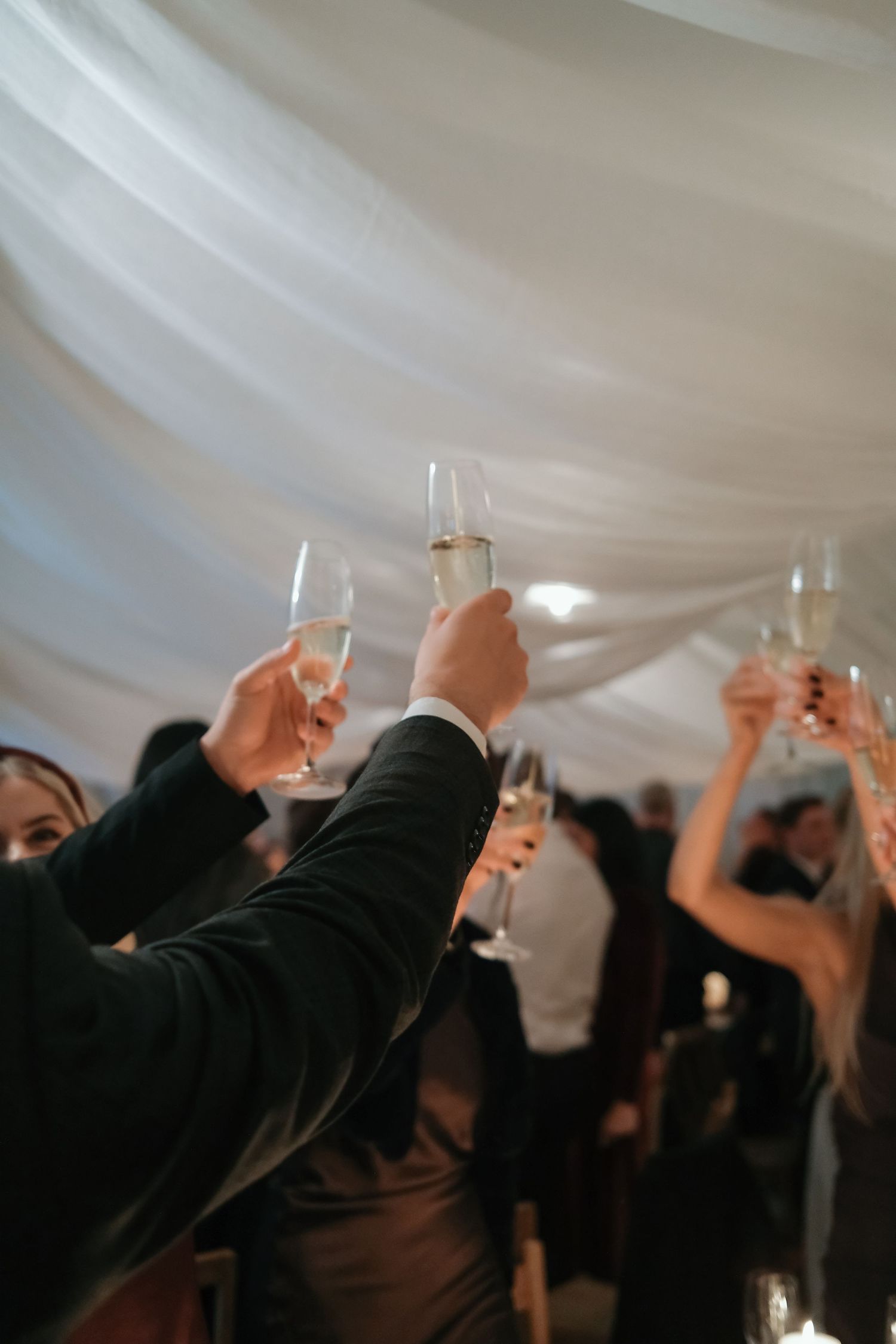 Wedding guests raising champagne glasses in a toast under white draped ceiling at reception.