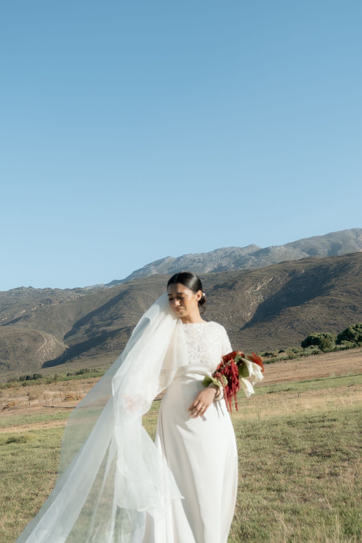 Elegant bride in white gown and veil holding red bouquet with mountain landscape in background.