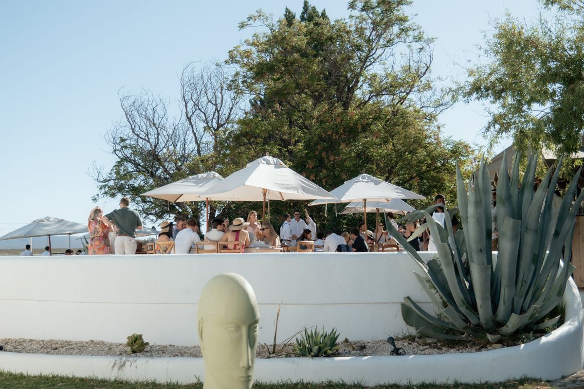 Outdoor wedding reception with guests gathered under white umbrellas beside a white stucco wall with agave plant.
