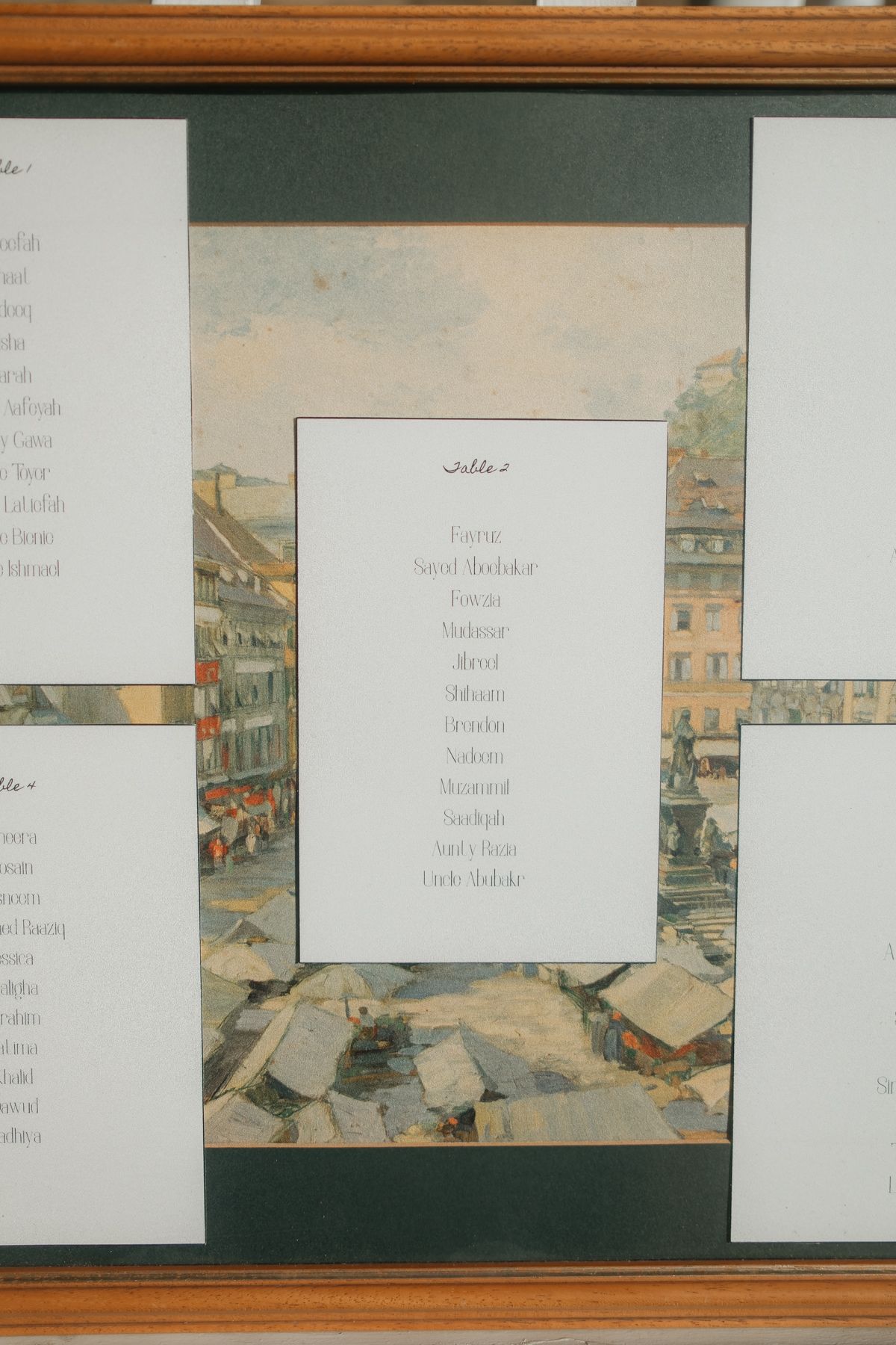 Elegant wedding seating chart displayed in ornate wooden frame with vintage cityscape artwork background.