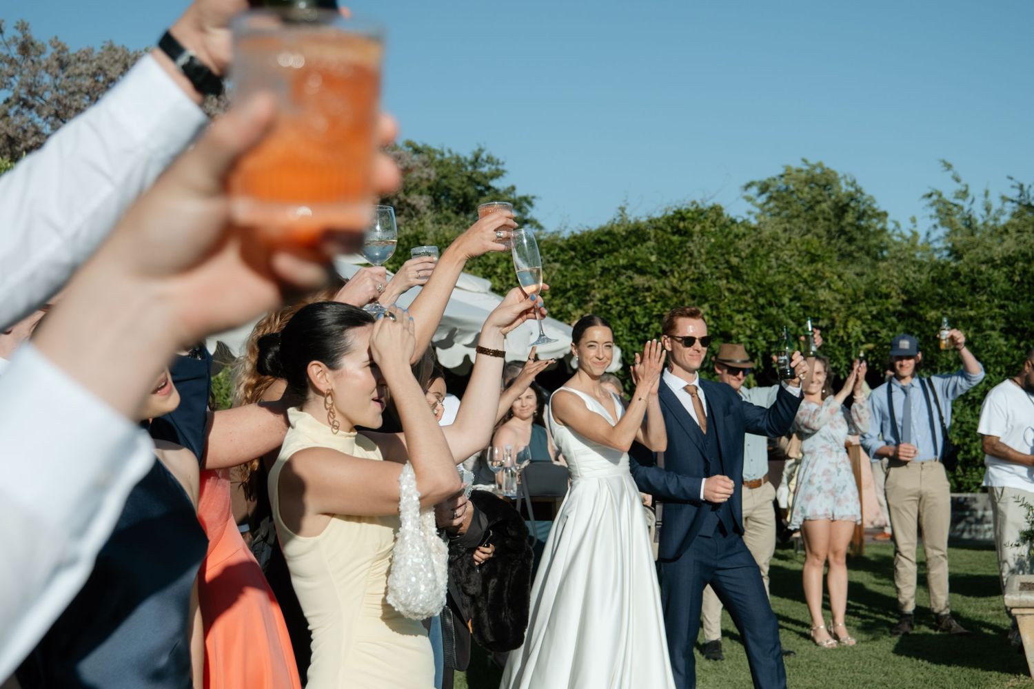 Wedding guests raising glasses in a joyful outdoor toast celebration with bride and groom on a sunny day.