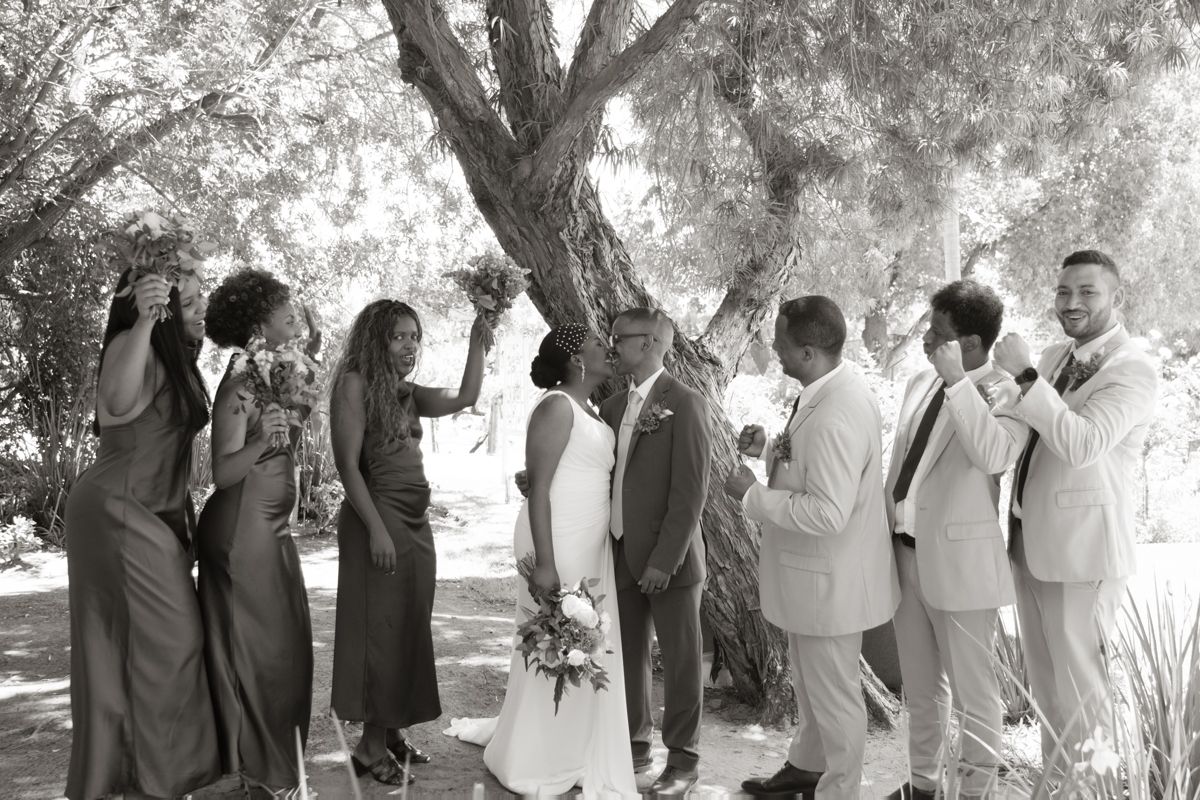 Black and white photo of wedding party gathered under a tree, bridesmaids and groomsmen with bride and groom.
