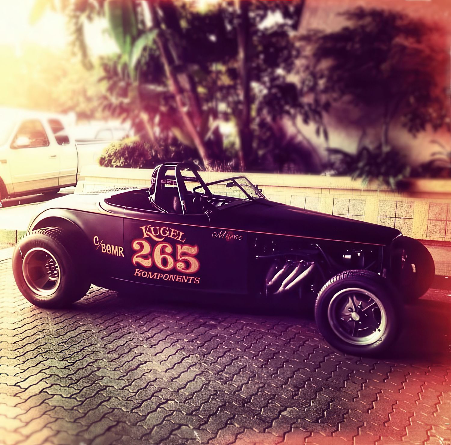 Vintage racing car photographed in sepia tones on cobblestone street.