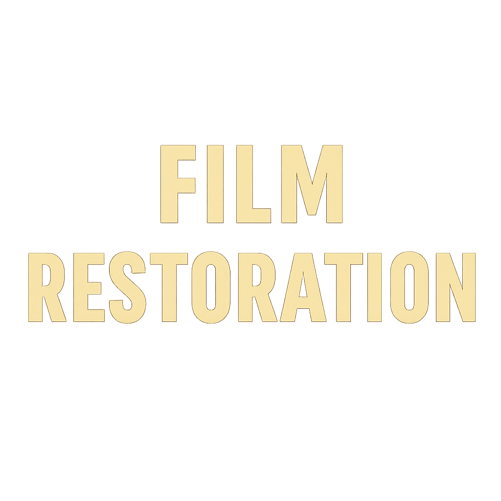 Text reading 'FILM RESTORATION' in light yellow capital letters against a white background.