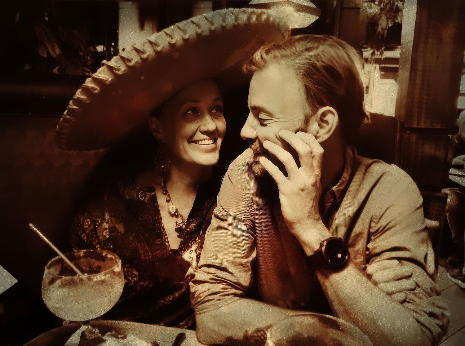 Vintage-toned sequence showing people in close conversation at a social gathering.