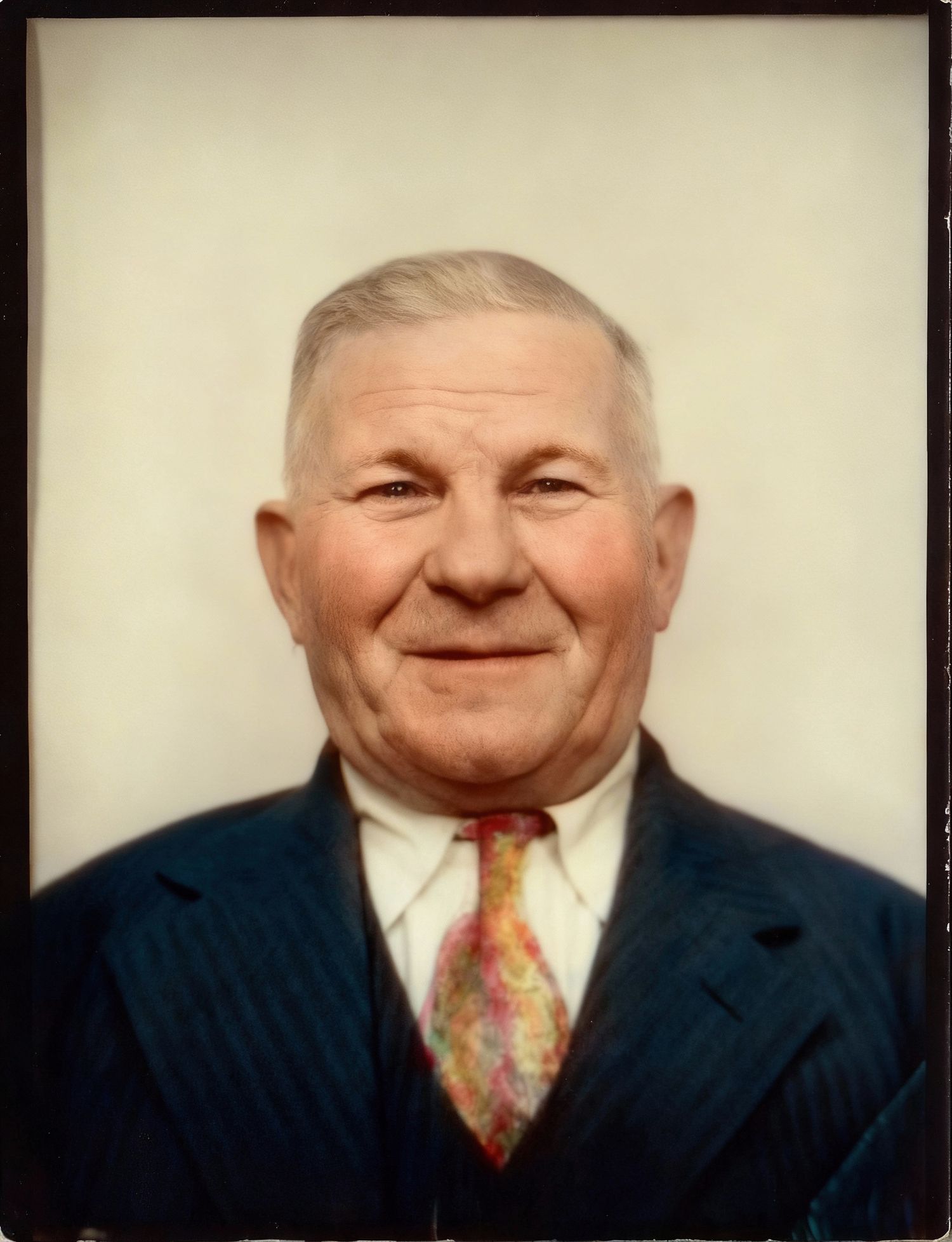 Vintage portrait photograph of an elderly person in a dark suit and colorful patterned tie smiling warmly at the camera.