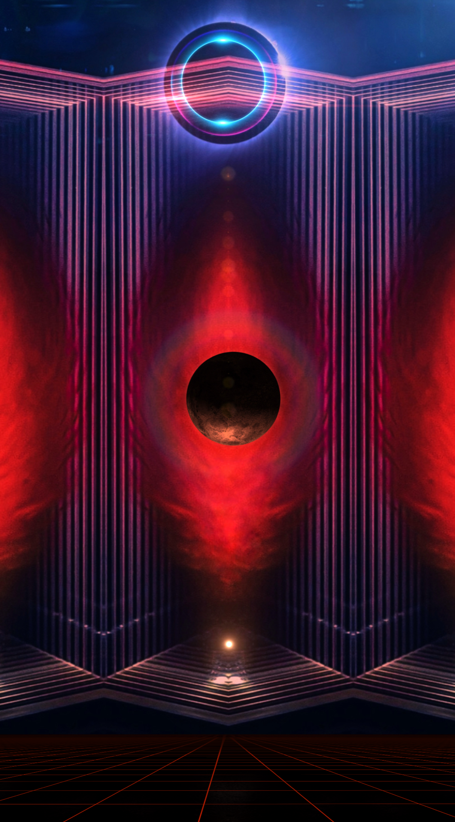 Surreal sci-fi digital art featuring a glowing blue ring portal, red nebula energy, and a dark planet on a retro grid background.