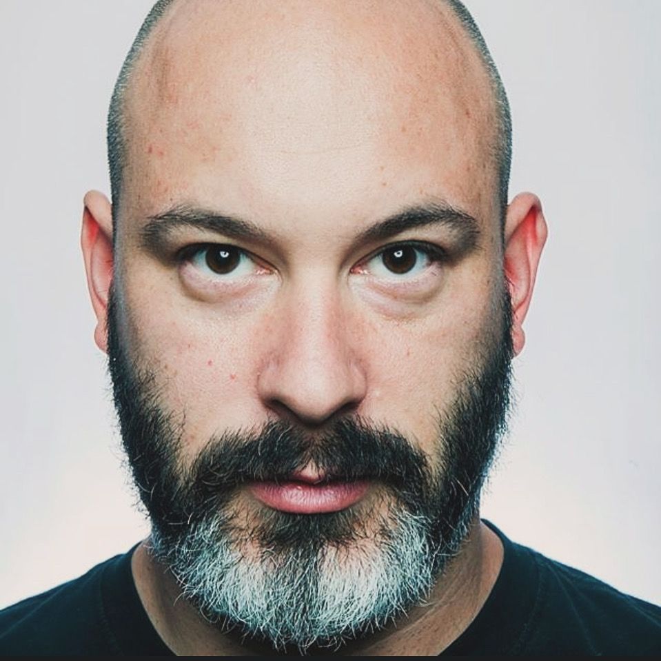 A series of close-up portraits showing different expressions with a salt and pepper beard against white background.
