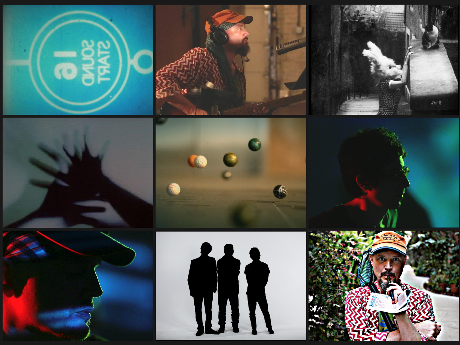 A collage of nine music-themed images featuring artists, silhouettes, marbles, and colorful concert photography.