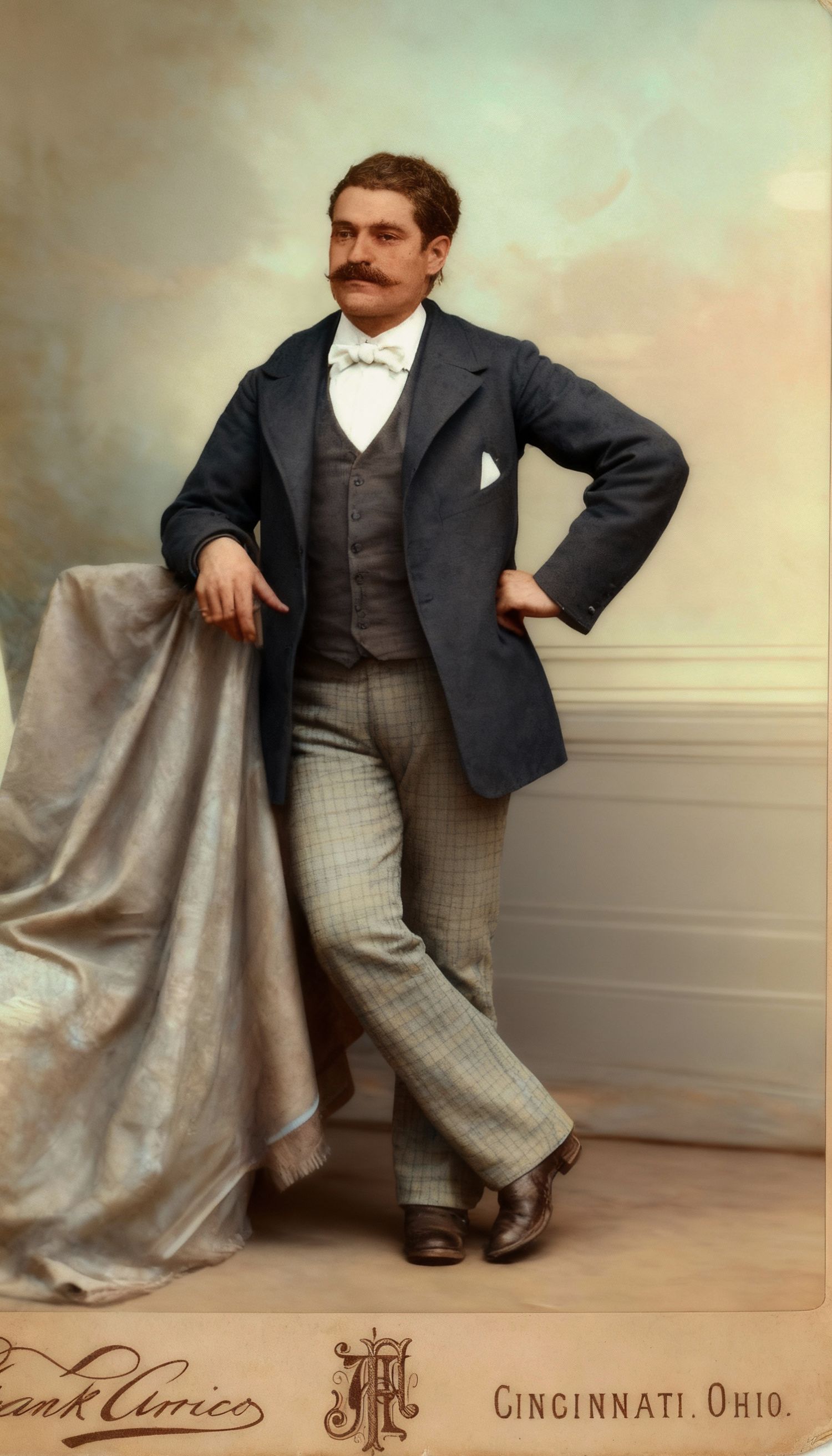 Vintage sepia photograph showing a gentleman in Victorian-era suit striking various casual poses against a studio backdrop.