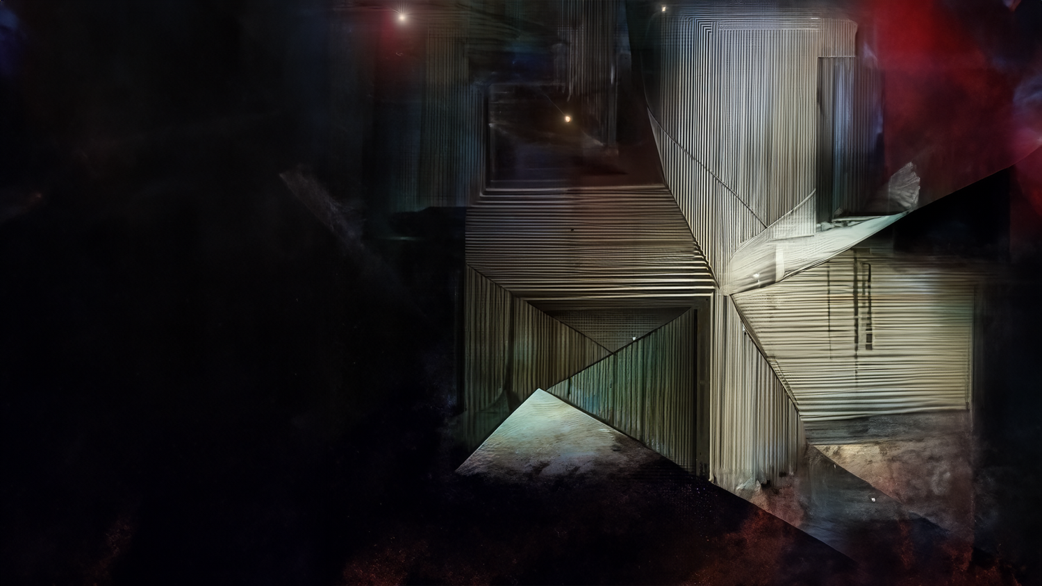 Abstract geometric shapes with angular wooden panels illuminated by dramatic lighting in a dark moody space.