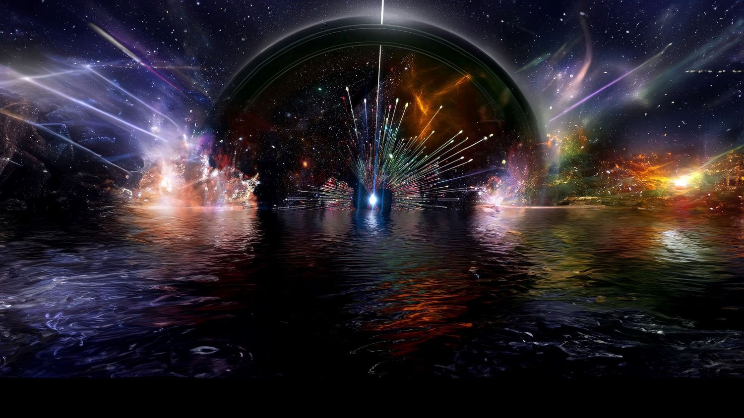 Colorful cosmic space scene with bright stars and nebulae stretching across a dark starry background.