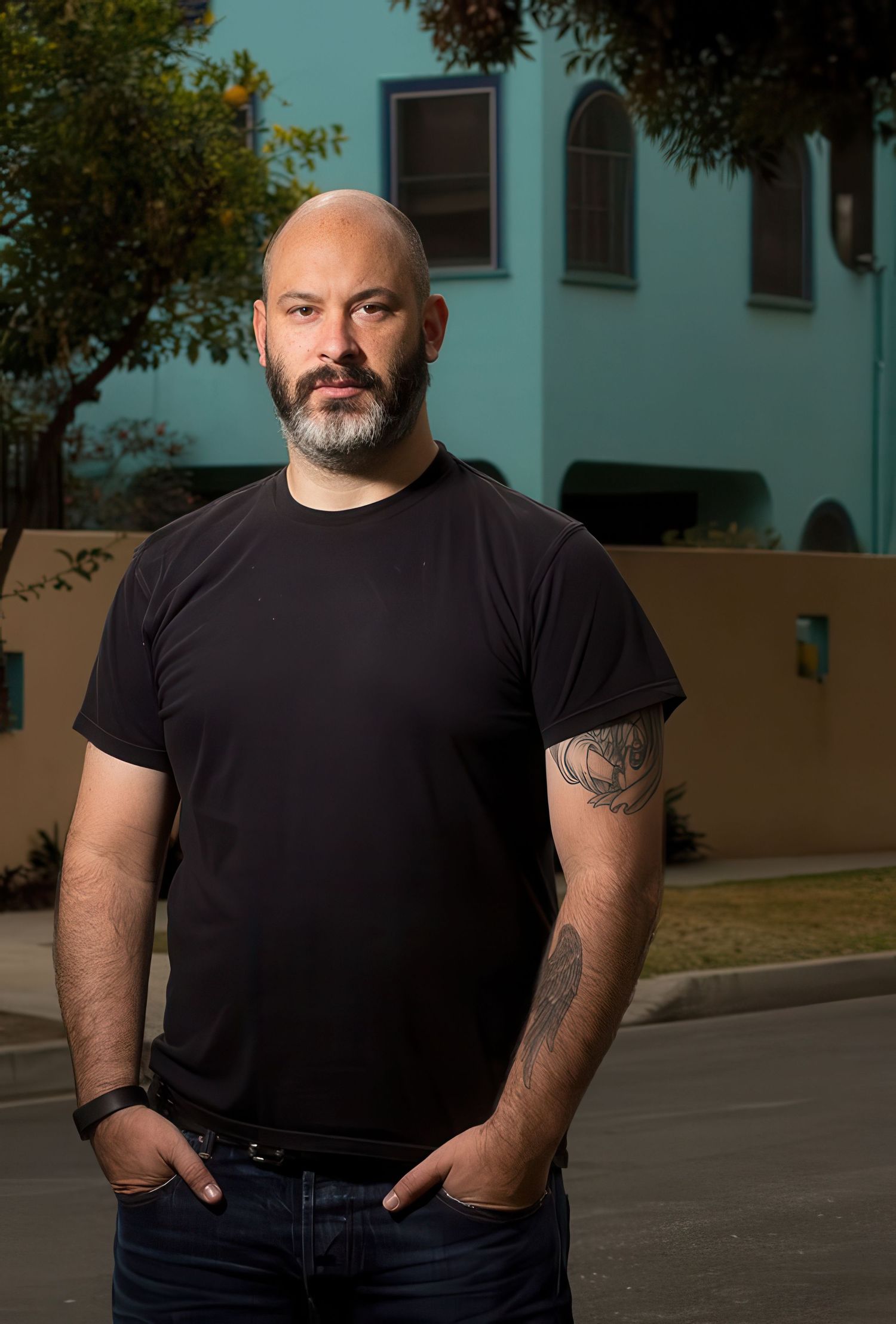 Man in black t-shirt poses outdoors against turquoise building in various casual stances.