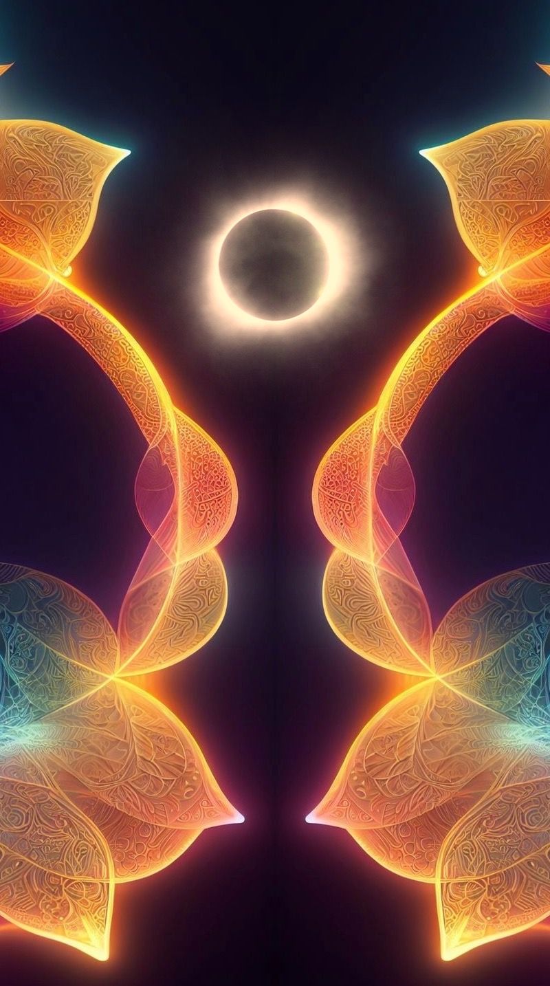 Symmetrical fractal art with glowing orange leaves and a solar eclipse on dark background.