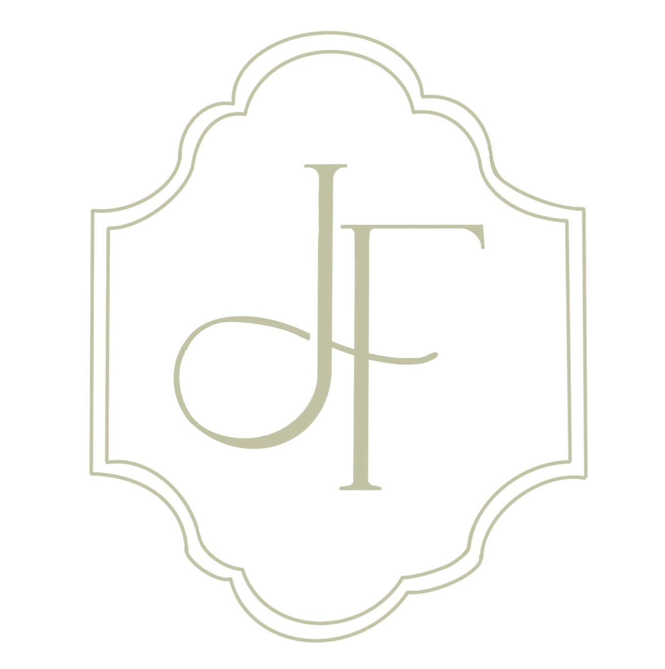 Elegant monogram logo design with JF initials in beige frame.