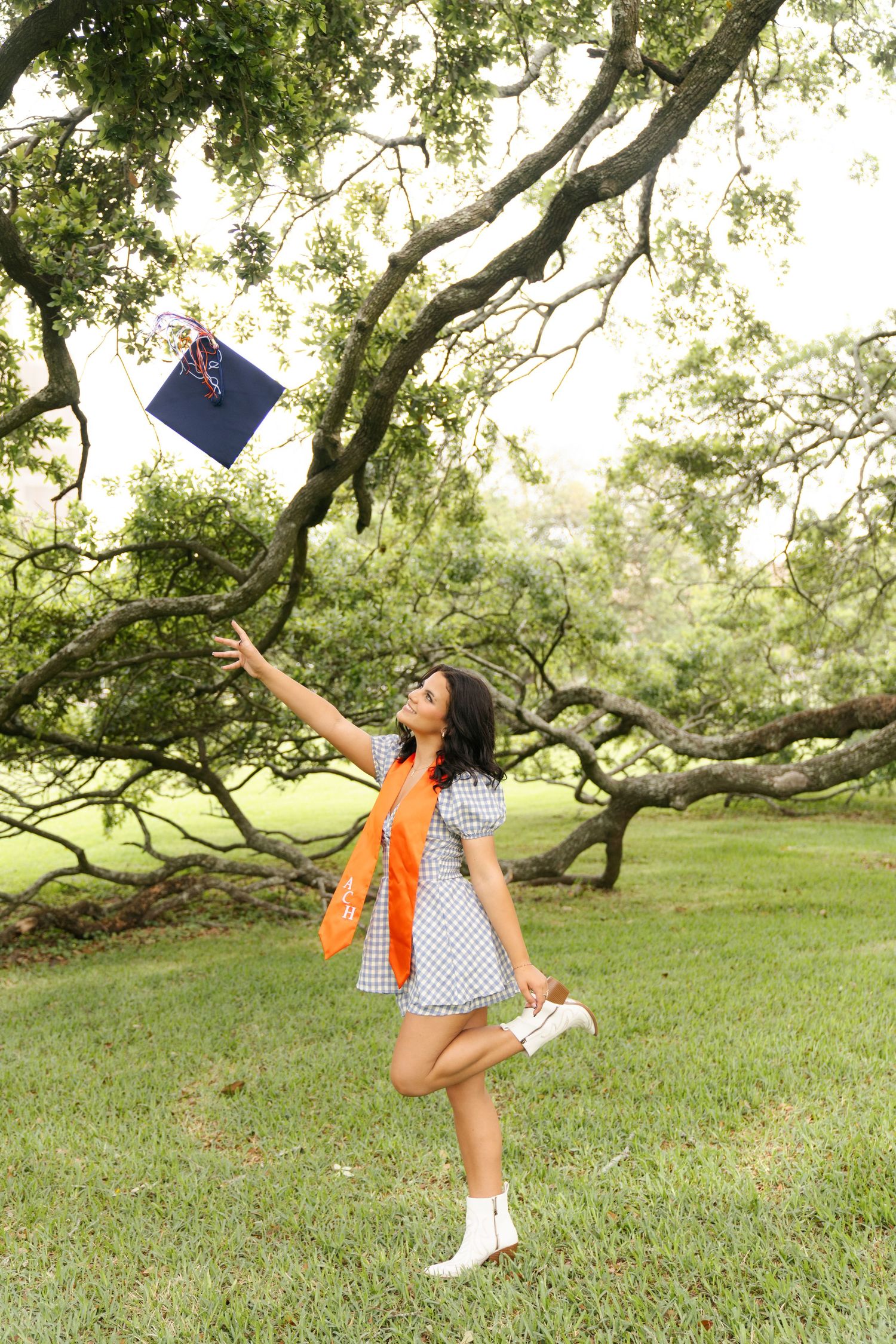 Playful jumping poses on grass beneath sprawling oak tree branches.